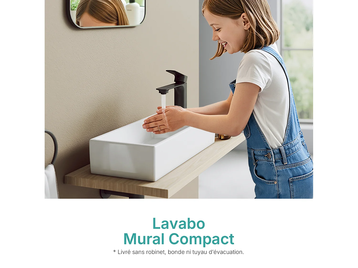 EMKE Lavabo in Ceramica 41 x 22 x 10 cm, Bianco Lucido, Lavabo Quadrato da Appoggio o Parete con Foro per Rubinetto