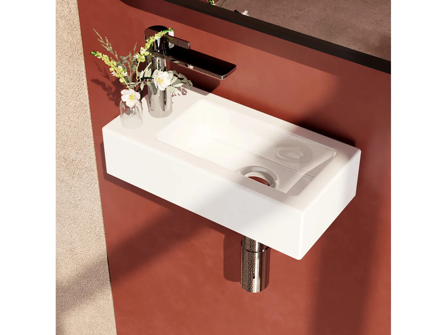 EMKE Keramische wastafel voor op het aanrecht 36,5x18x9 cm, Rechthoekige wandwastafel met voorgeboord kraangat, Glanzend wit