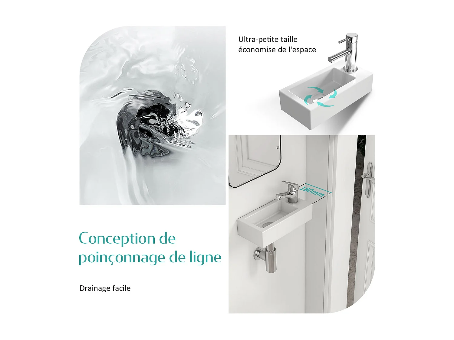 EMKE Keramische wastafel voor op het aanrecht 36,5x18x9 cm, Rechthoekige wandwastafel met voorgeboord kraangat, Glanzend wit