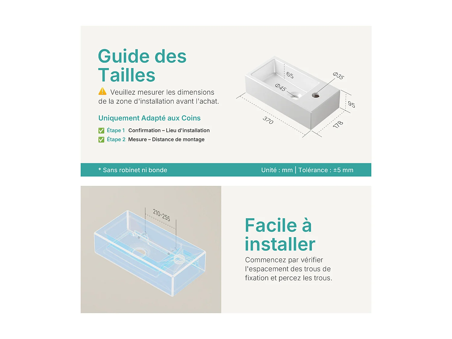 EMKE Keramische wastafel voor op het aanrecht 36,5x18x9 cm, Rechthoekige wandwastafel met voorgeboord kraangat, Glanzend wit