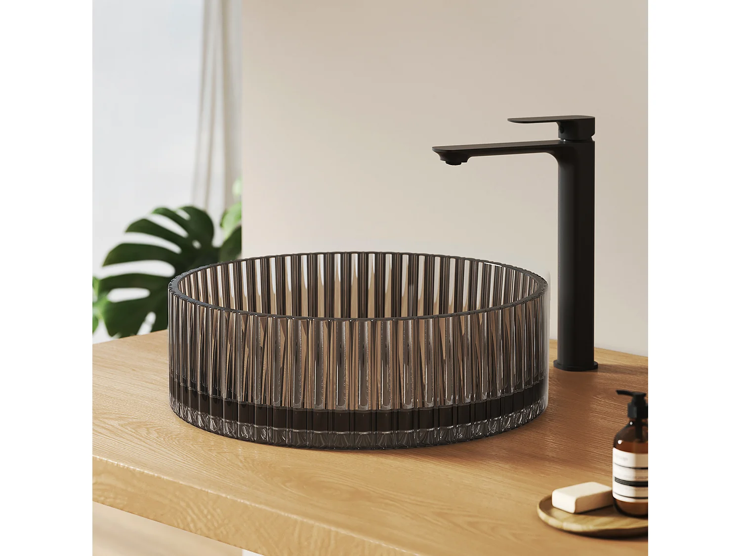 EMKE Lavabo en Verre Trempé Rond à Poser 400x400x120 mm, Vasque Salle de Bain, Mat Noir