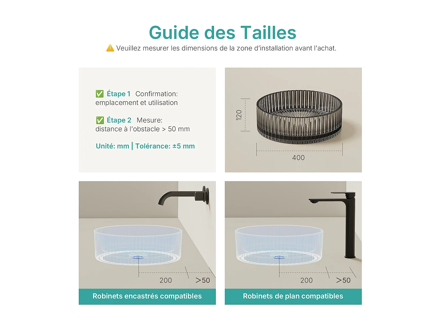 EMKE Lavabo en Verre Trempé Rond à Poser 400x400x120 mm, Vasque Salle de Bain, Mat Noir