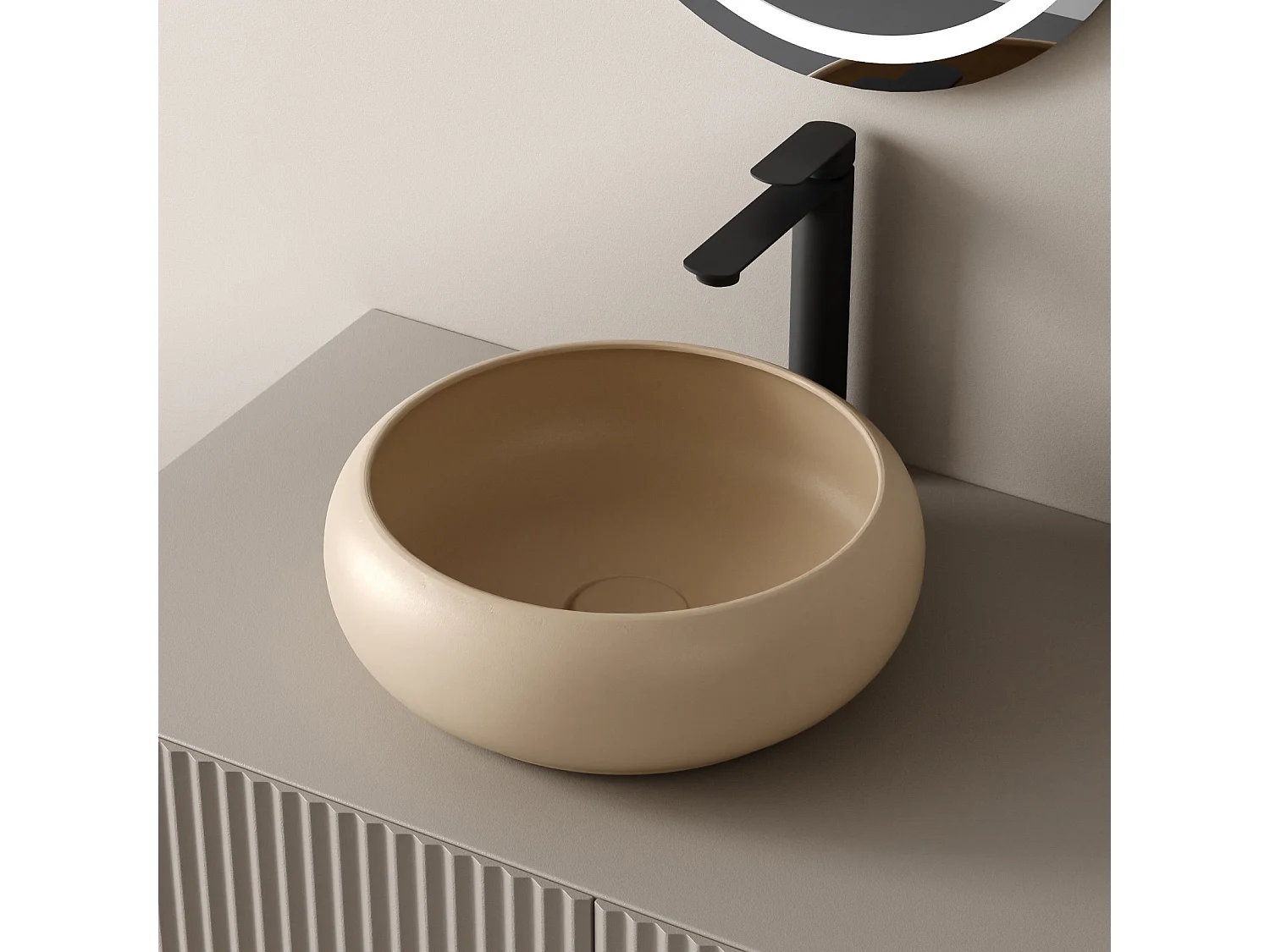 EMKE Vasque à Poser Ronde Incurvée 360 x 360 x 120mm, Lavabo de Salle de Bain en Céramique, Montage sur Comptoir, Beige mat