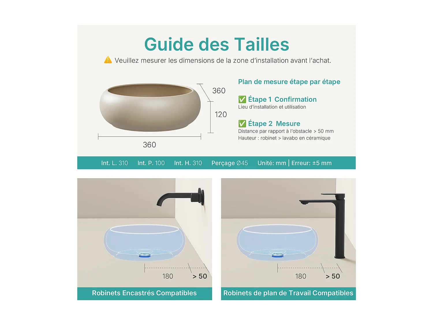 EMKE Vasque à Poser Ronde Incurvée 360 x 360 x 120mm, Lavabo de Salle de Bain en Céramique, Montage sur Comptoir, Beige mat