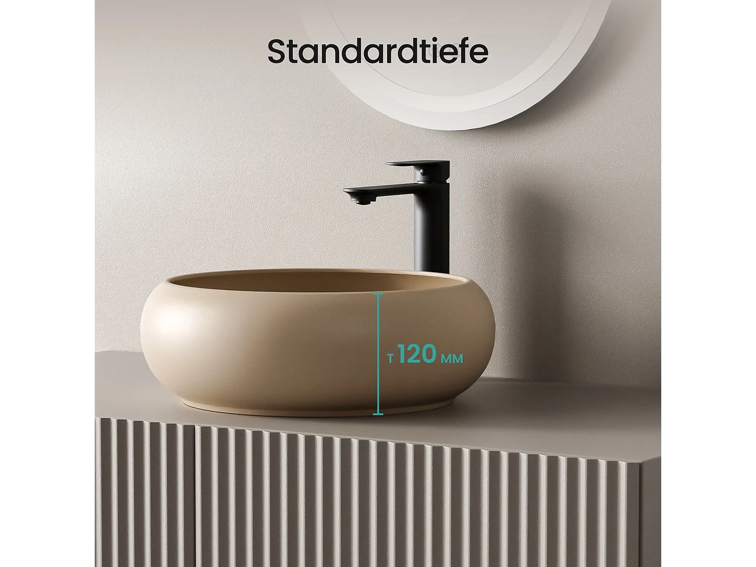 EMKE Vasque à Poser Ronde Incurvée 360 x 360 x 120mm, Lavabo de Salle de Bain en Céramique, Montage sur Comptoir, Beige mat