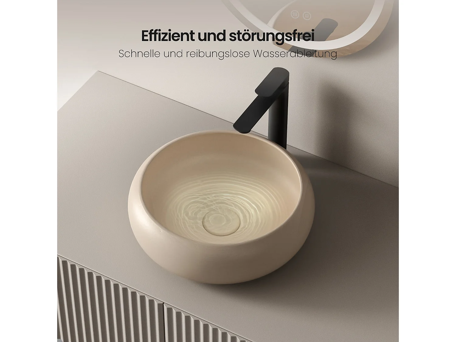 EMKE Vasque à Poser Ronde Incurvée 360 x 360 x 120mm, Lavabo de Salle de Bain en Céramique, Montage sur Comptoir, Beige mat