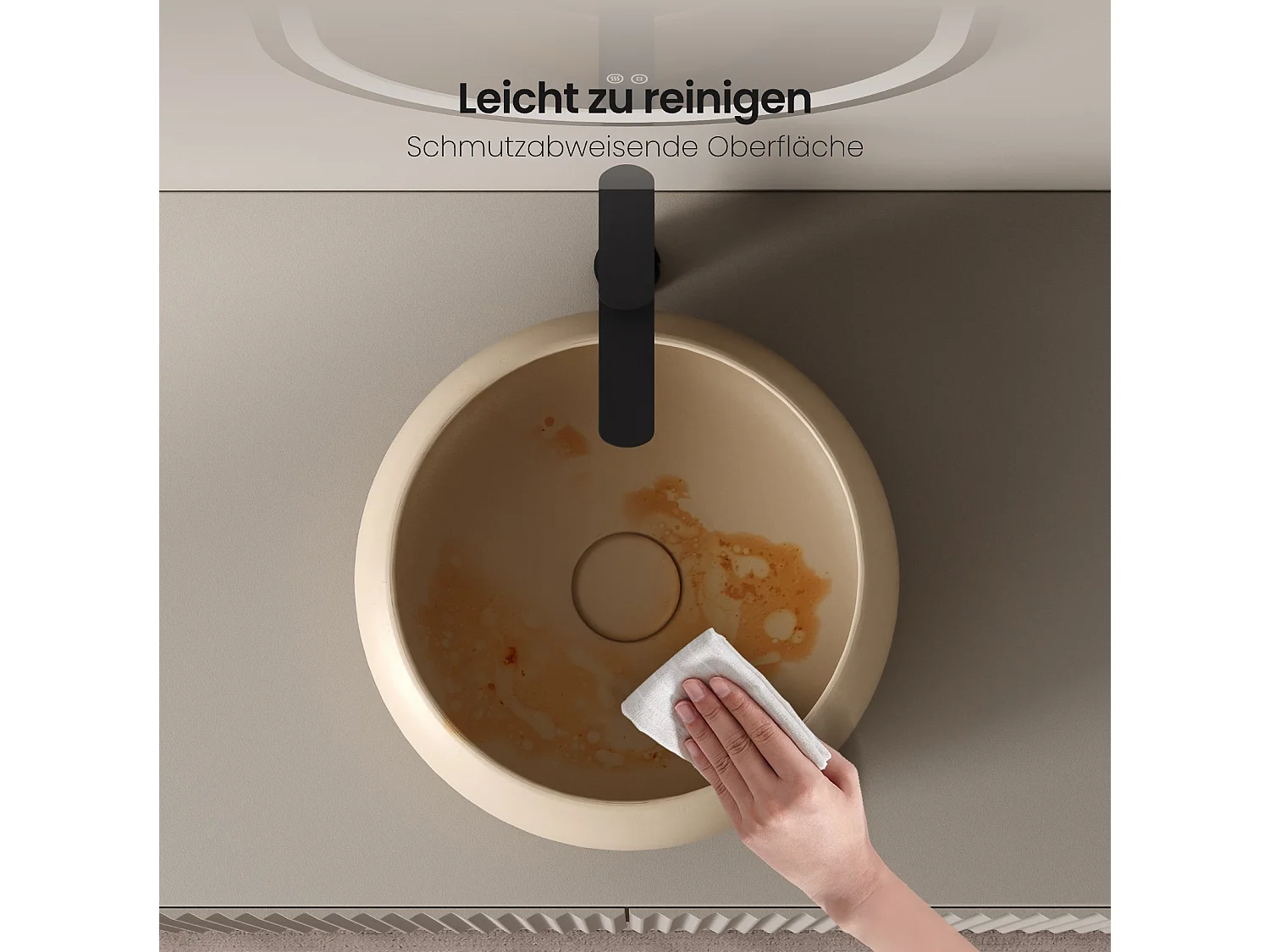 EMKE Vasque à Poser Ronde Incurvée 360 x 360 x 120mm, Lavabo de Salle de Bain en Céramique, Montage sur Comptoir, Beige mat