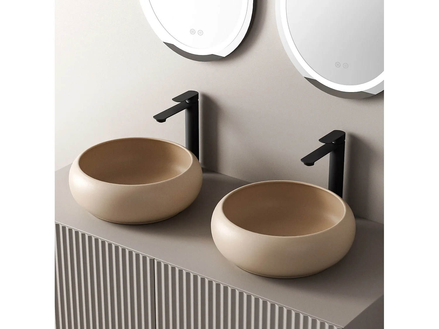 EMKE Vasque à Poser Ronde Incurvée 360 x 360 x 120mm, Lavabo de Salle de Bain en Céramique, Montage sur Comptoir, Beige mat