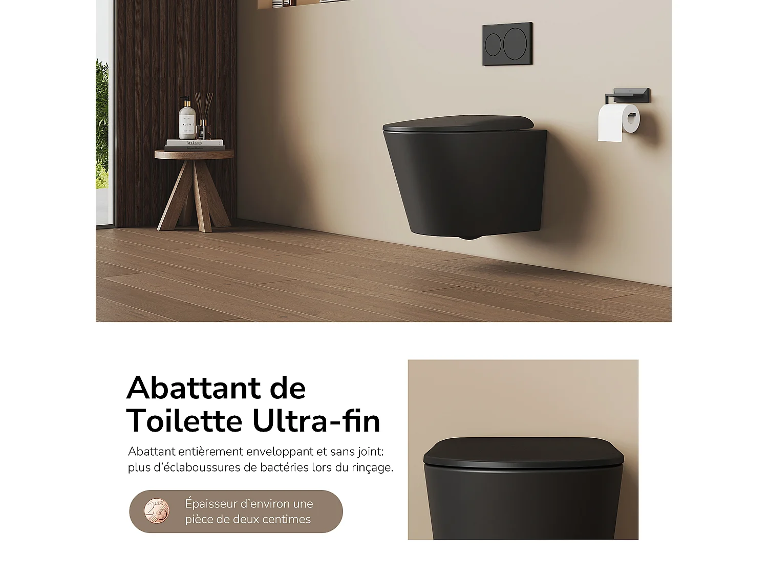 EMKE WC Suspendu Noir Mat en Céramique, Sans Bord, Double Chasse, Abattant UF Amovible Frein de Chute 360x365x490 mm