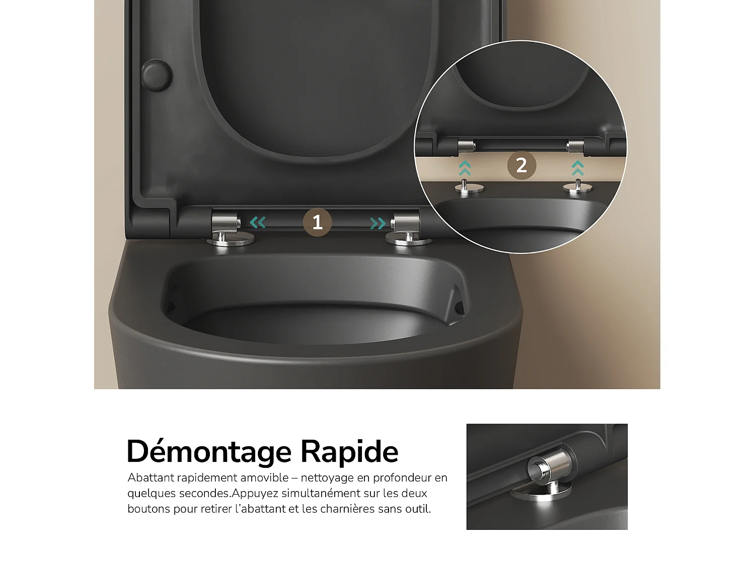 EMKE WC Suspendu Noir Mat en Céramique, Sans Bord, Double Chasse, Abattant UF Amovible Frein de Chute 360x365x490 mm