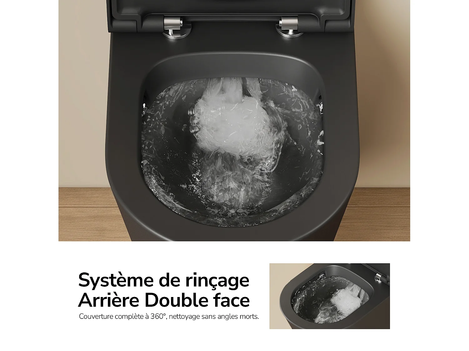 EMKE WC Suspendu Noir Mat en Céramique, Sans Bord, Double Chasse, Abattant UF Amovible Frein de Chute 360x365x490 mm