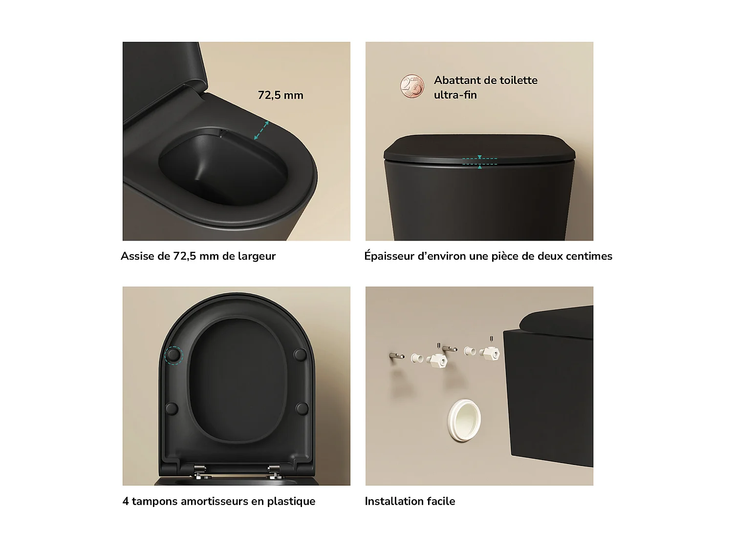 EMKE WC Suspendu Noir Mat en Céramique, Sans Bord, Double Chasse, Abattant UF Amovible Frein de Chute 360x365x490 mm