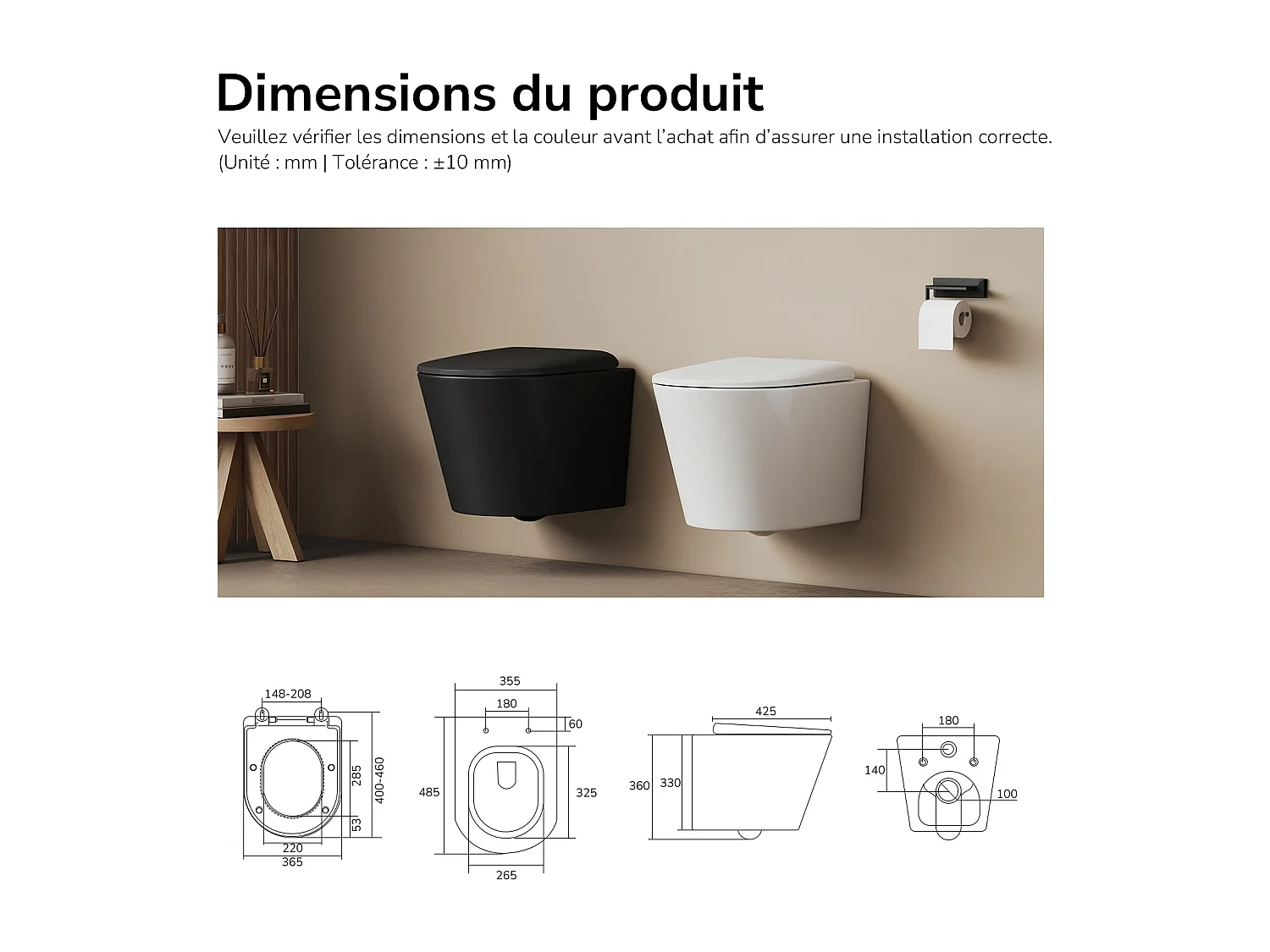 EMKE WC Suspendu Noir Mat en Céramique, Sans Bord, Double Chasse, Abattant UF Amovible Frein de Chute 360x365x490 mm