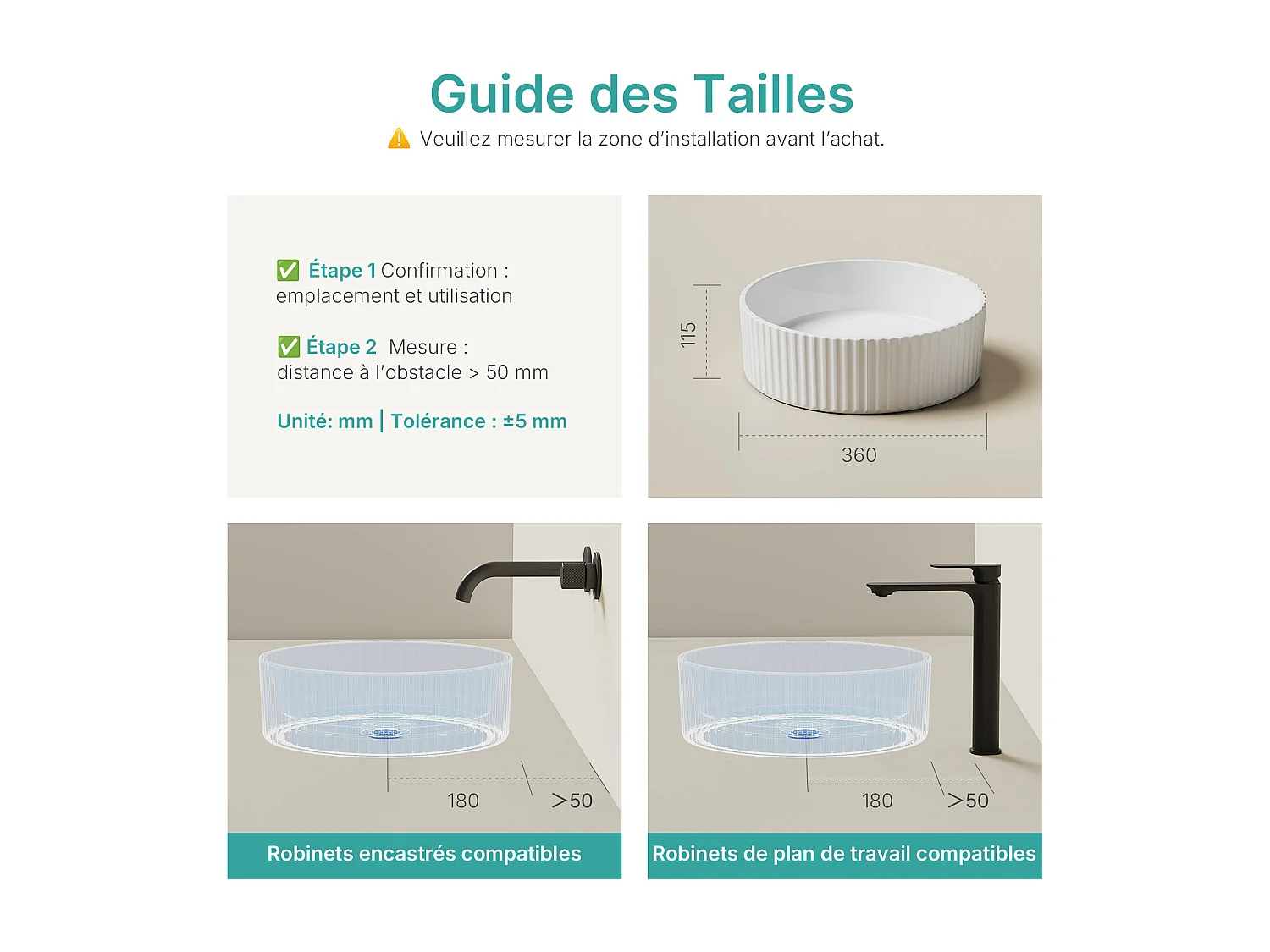 EMKE ronde keramische wastafel 36 x 36 x 11,5 cm, glanzend wit, wastafel voor op het aanrecht zonder kraangat