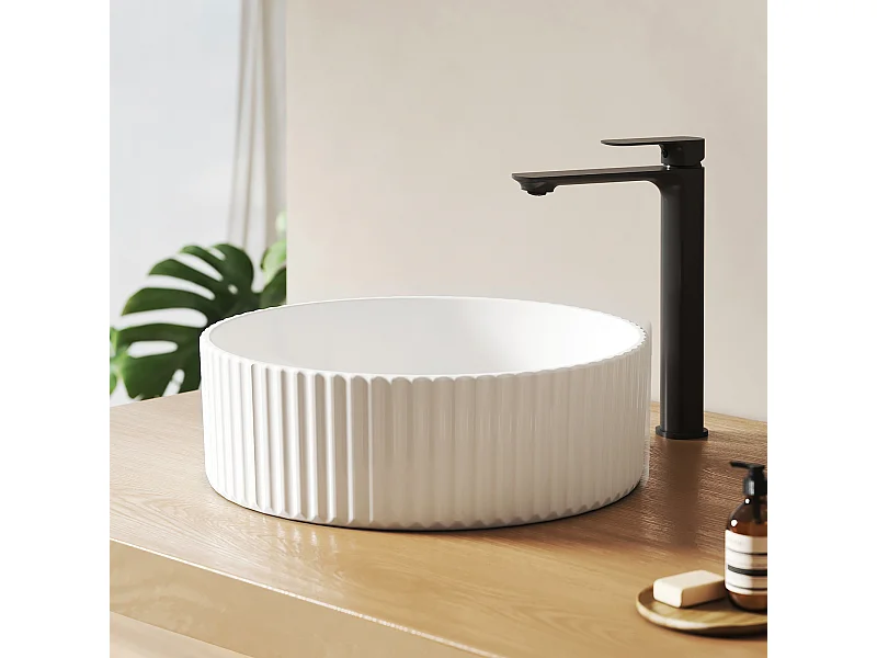 EMKE Vasque à Poser Ronde en Céramique 36x36x11,5cm, Blanc Brillant, Lavabo Sans Trou pour Robinet