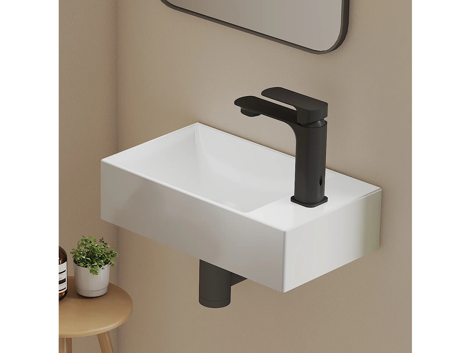 EMKE Wandwastafel 38x22x10 cm, Wit Glanzend wit, Vierkante wandwastafel met kraan Gat