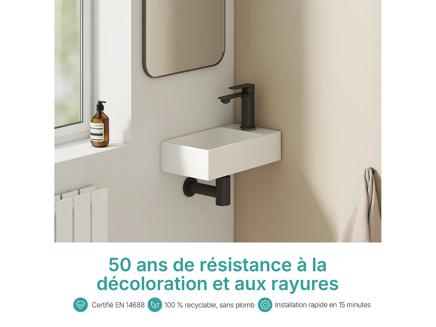 EMKE Wandwastafel 38x22x10 cm, Wit Glanzend wit, Vierkante wandwastafel met kraan Gat