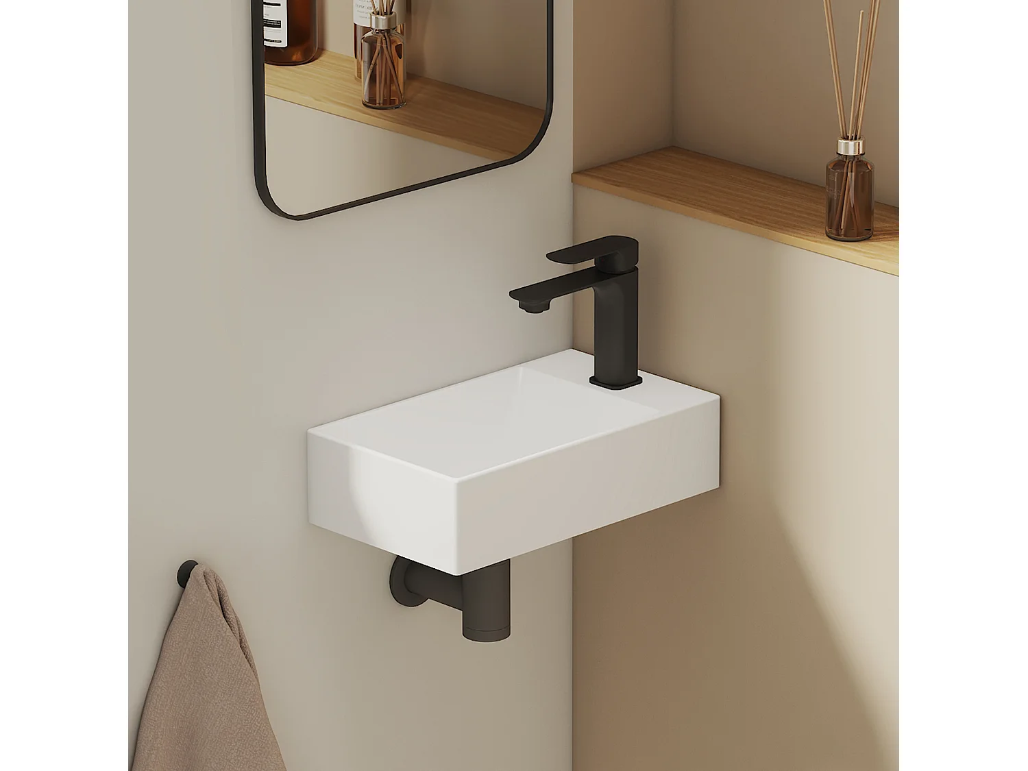 EMKE Wandwastafel 38x22x10 cm, Wit Glanzend wit, Vierkante wandwastafel met kraan Gat