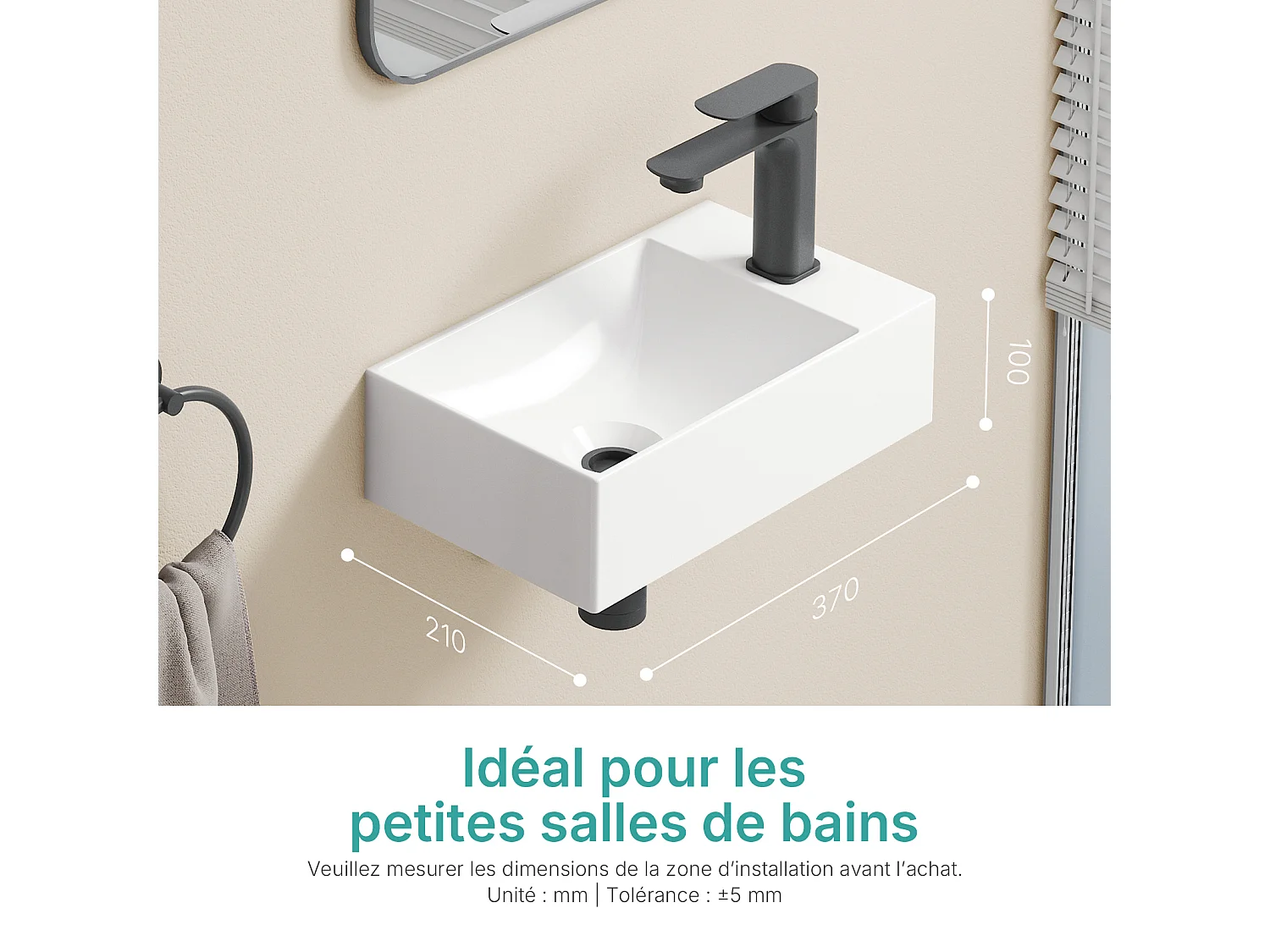 EMKE Wandwastafel 38x22x10 cm, Wit Glanzend wit, Vierkante wandwastafel met kraan Gat