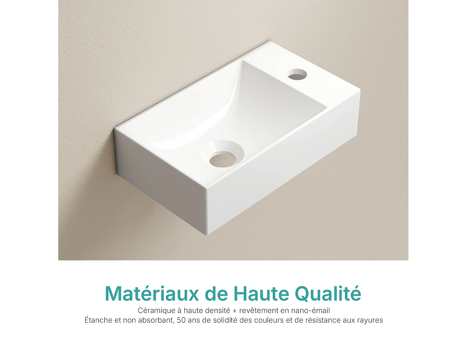 EMKE Wandwastafel 38x22x10 cm, Wit Glanzend wit, Vierkante wandwastafel met kraan Gat