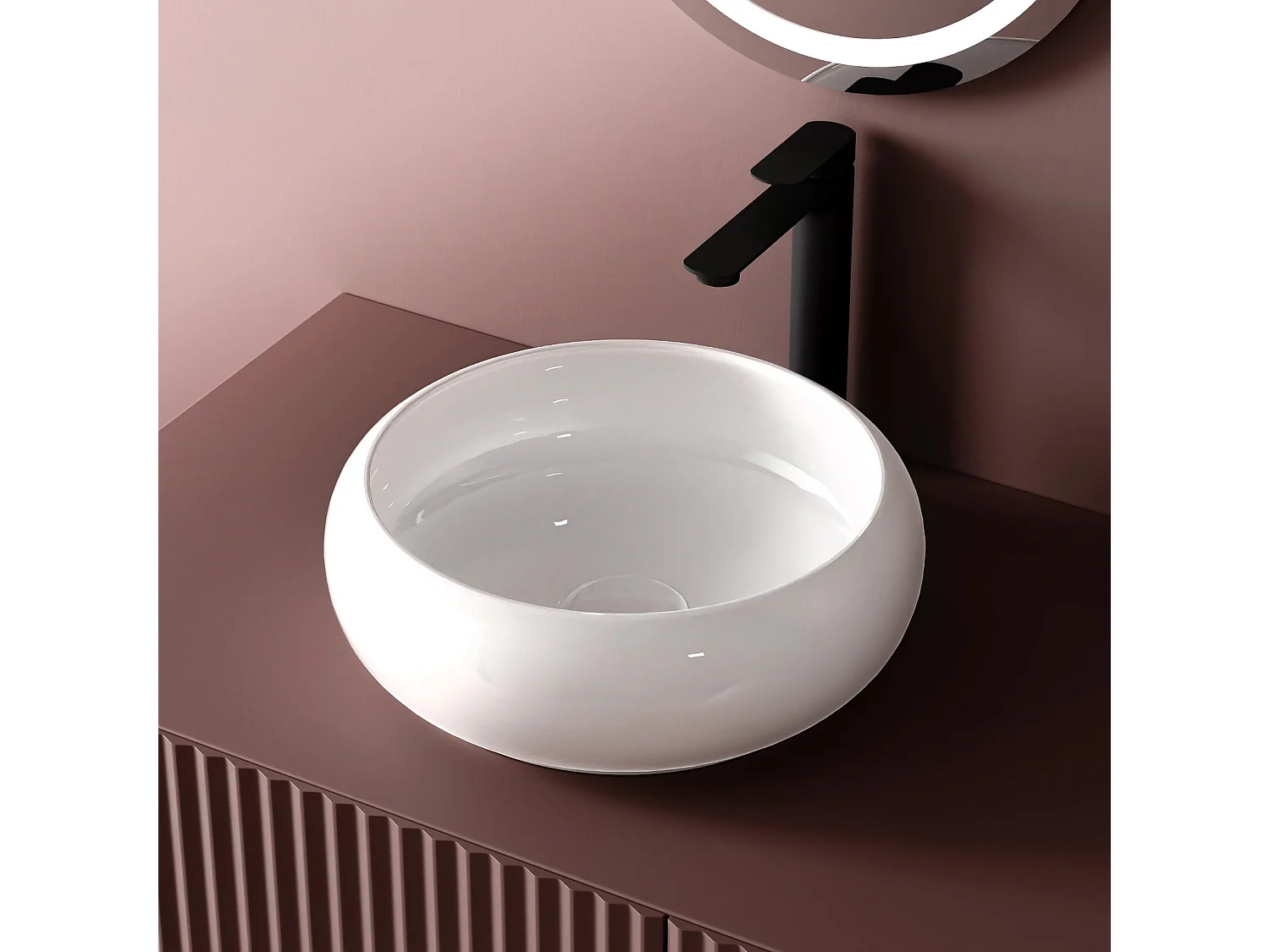 EMKE Ronde wastafel voor op het aanrecht 360 x 360 x 120 mm, Keramische badkamerwastafel, Montage op het aanrecht, Glanzend wit