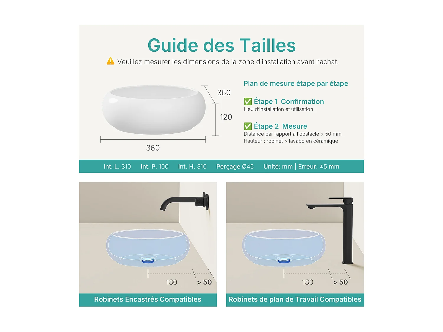 EMKE Ronde wastafel voor op het aanrecht 360 x 360 x 120 mm, Keramische badkamerwastafel, Montage op het aanrecht, Glanzend wit