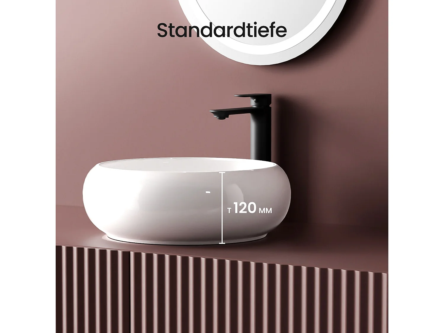 EMKE Ronde wastafel voor op het aanrecht 360 x 360 x 120 mm, Keramische badkamerwastafel, Montage op het aanrecht, Glanzend wit