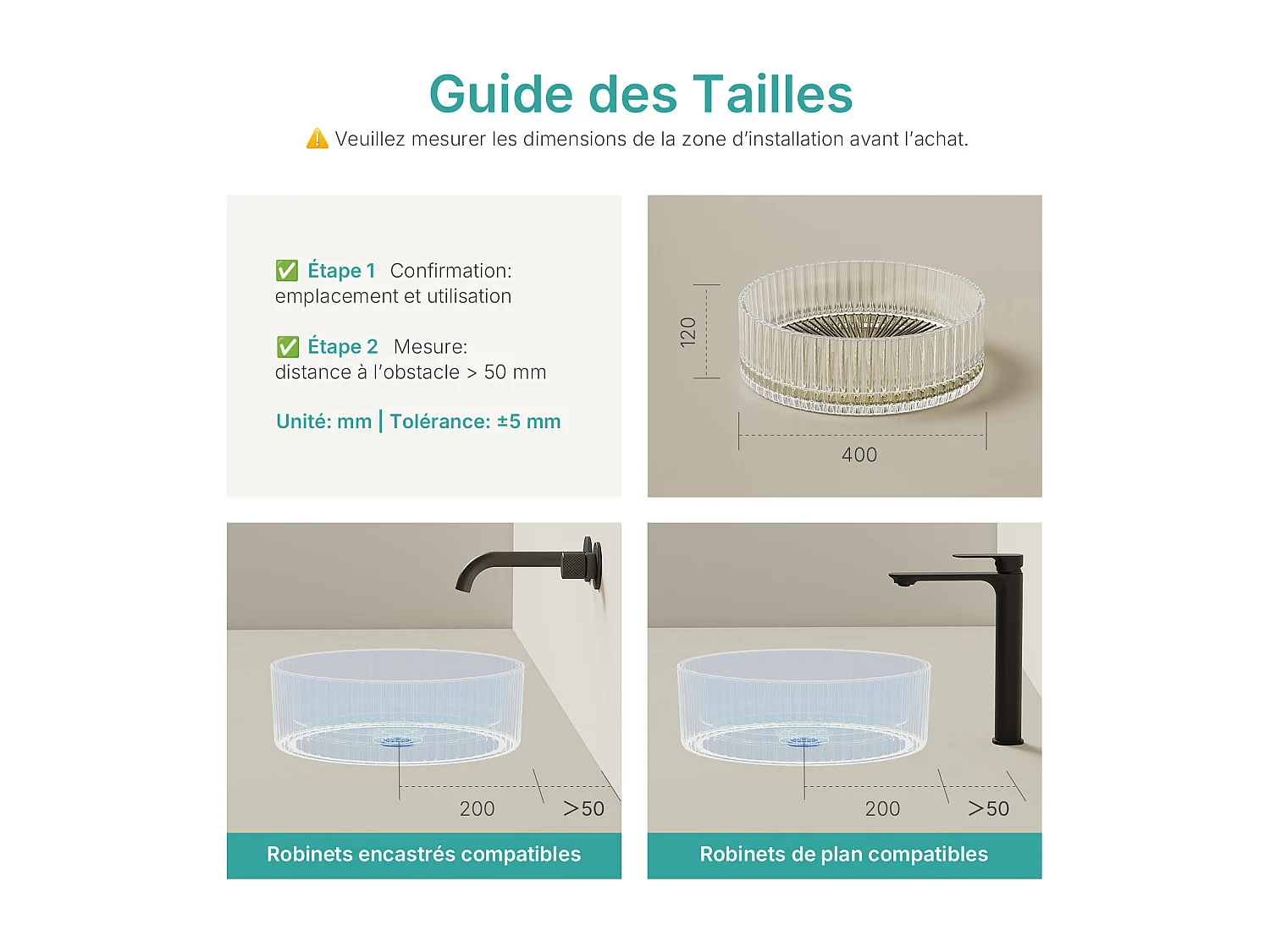 EMKE Lavabo en Verre Trempé Rond à Poser 400x400x120 mm, Vasque Salle de Bain, Champagne Gold
