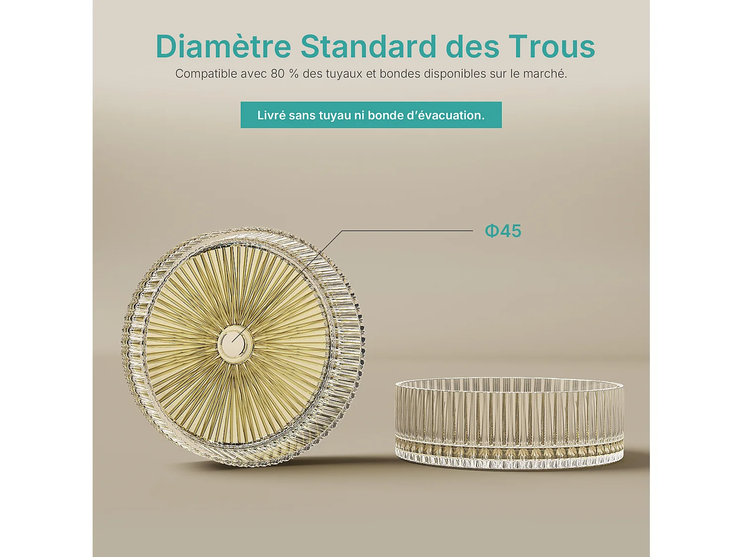 EMKE Lavabo en Verre Trempé Rond à Poser 400x400x120 mm, Vasque Salle de Bain, Champagne Gold