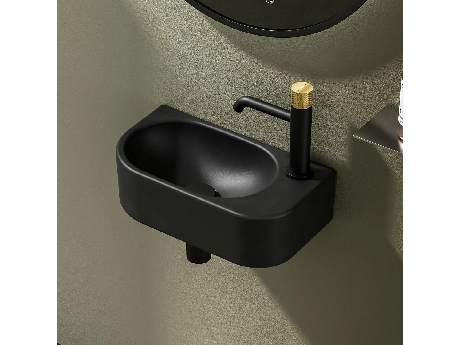 EMKE Badkamerwastafel 400 x 215 x 120 mm, Keramische wastafel met afgeronde hoeken, Kraangat links, Mat zwart