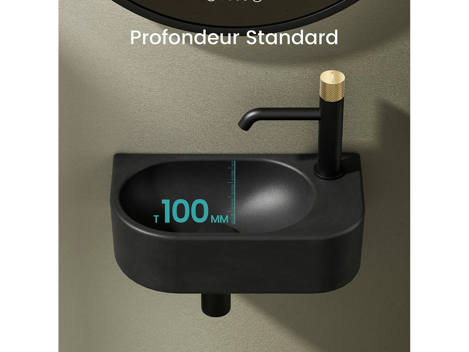 EMKE Badkamerwastafel 400 x 215 x 120 mm, Keramische wastafel met afgeronde hoeken, Kraangat links, Mat zwart