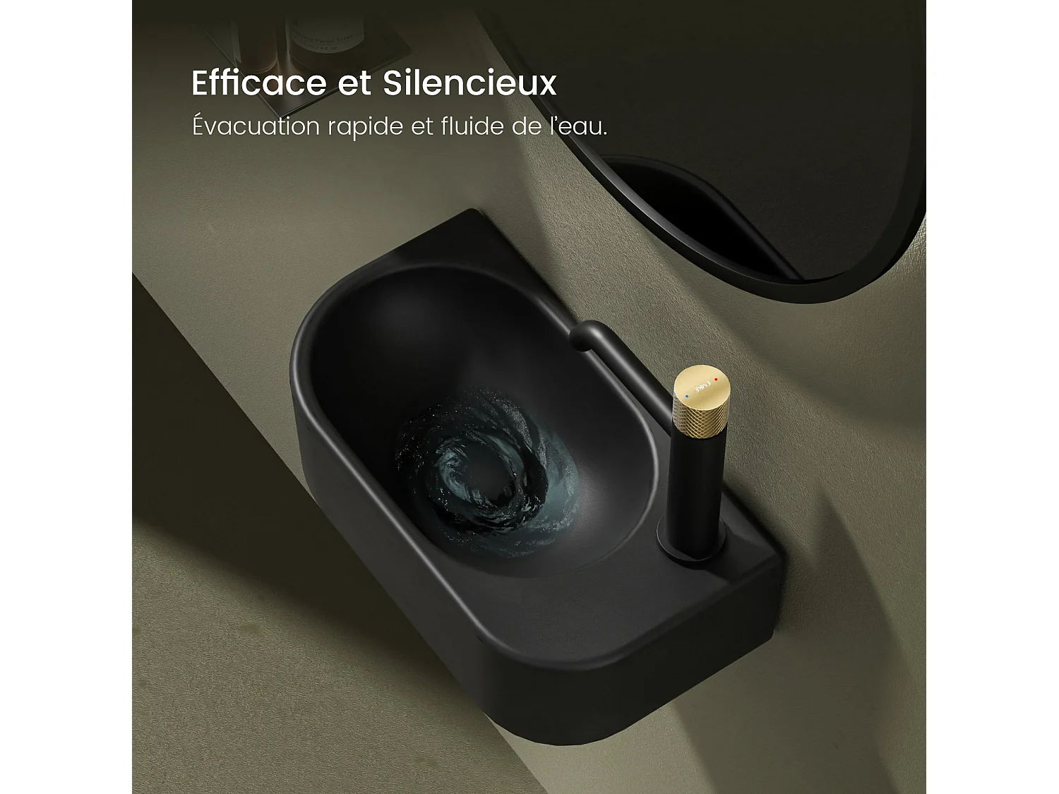 EMKE Badkamerwastafel 400 x 215 x 120 mm, Keramische wastafel met afgeronde hoeken, Kraangat links, Mat zwart