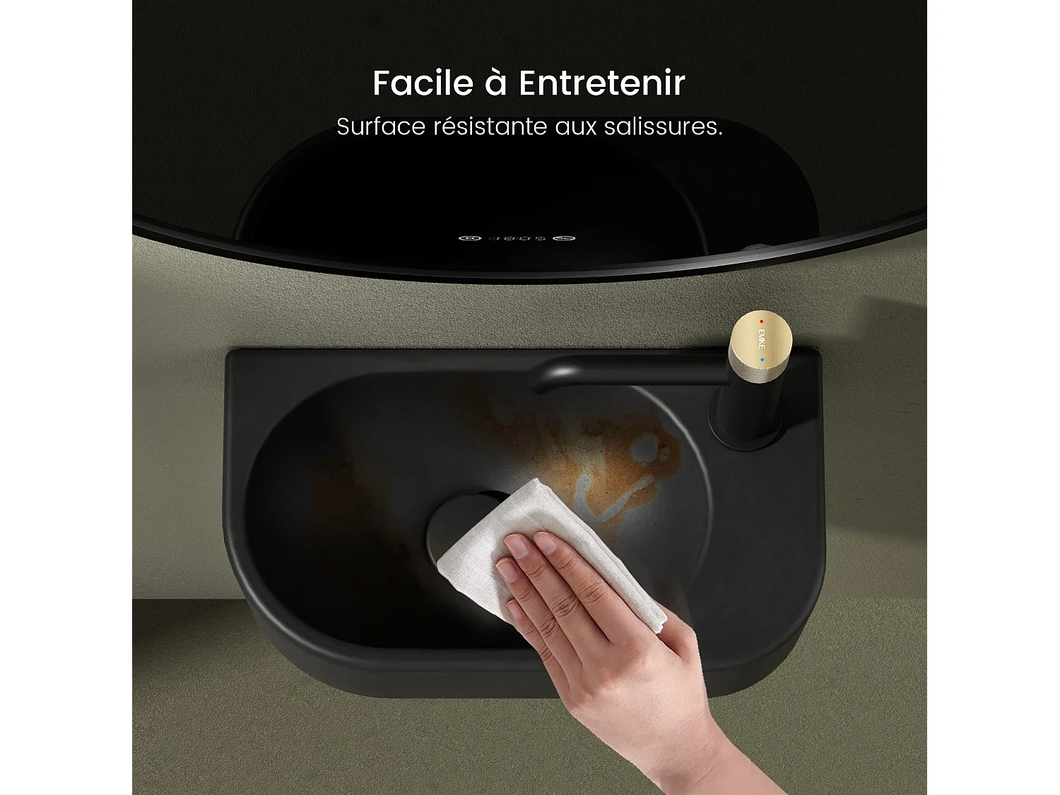 EMKE Badkamerwastafel 400 x 215 x 120 mm, Keramische wastafel met afgeronde hoeken, Kraangat links, Mat zwart