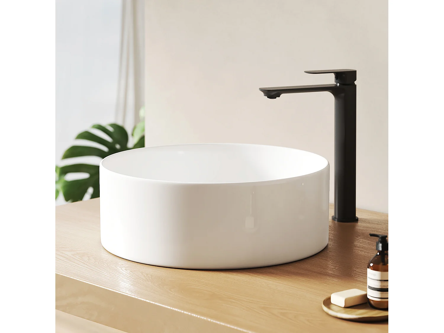 EMKE Ronde keramische wastafel voor op het aanrecht 352x352x112 mm, badkamerwastafel, wit