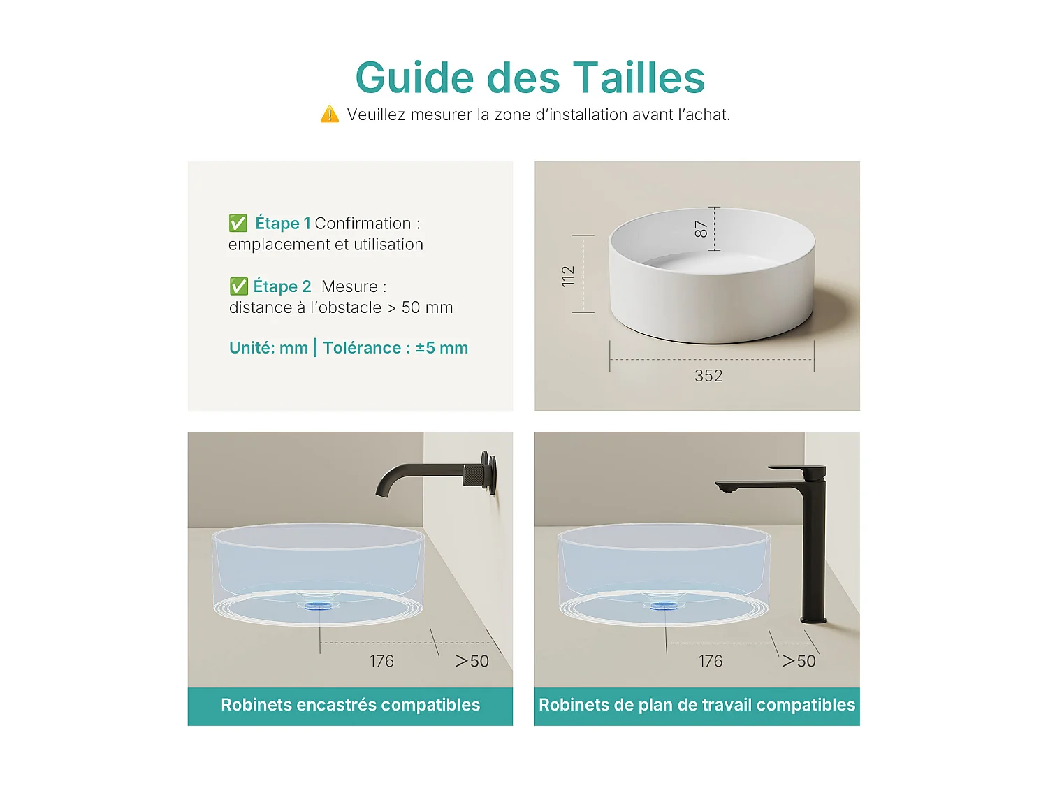 EMKE Ronde keramische wastafel voor op het aanrecht 352x352x112 mm, badkamerwastafel, wit