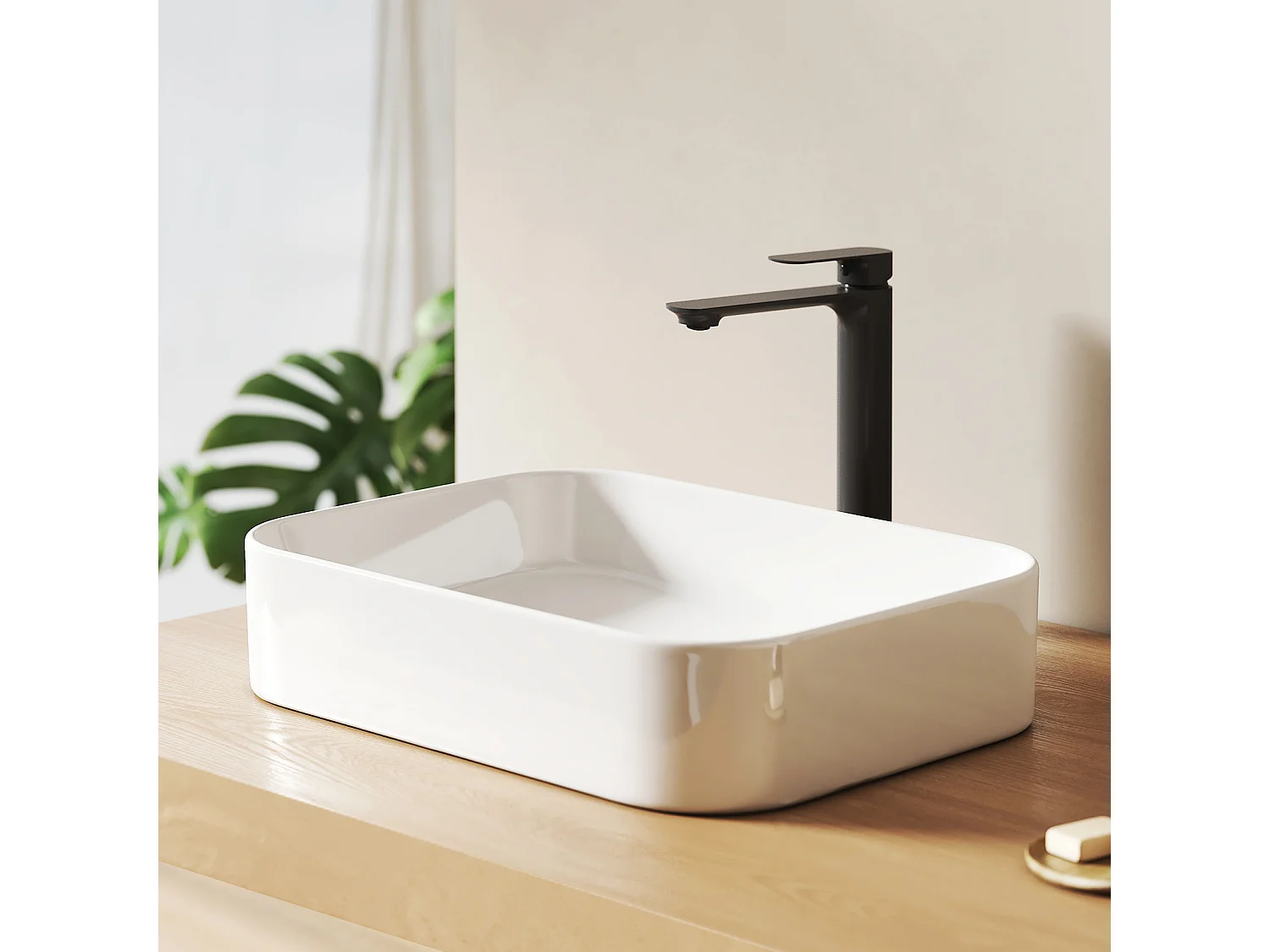 EMKE witte keramische wastafel 505 x 370 x 110 mm, vierkante wastafel voor op het aanrecht zonder kraan Gat