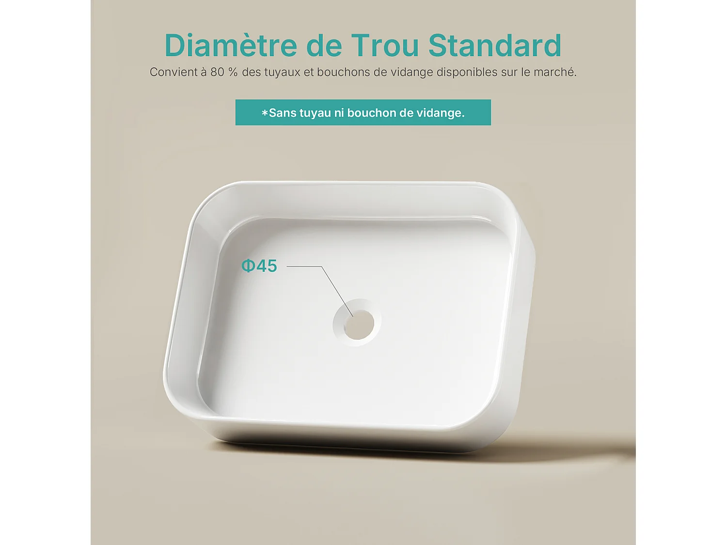 EMKE witte keramische wastafel 505 x 370 x 110 mm, vierkante wastafel voor op het aanrecht zonder kraan Gat