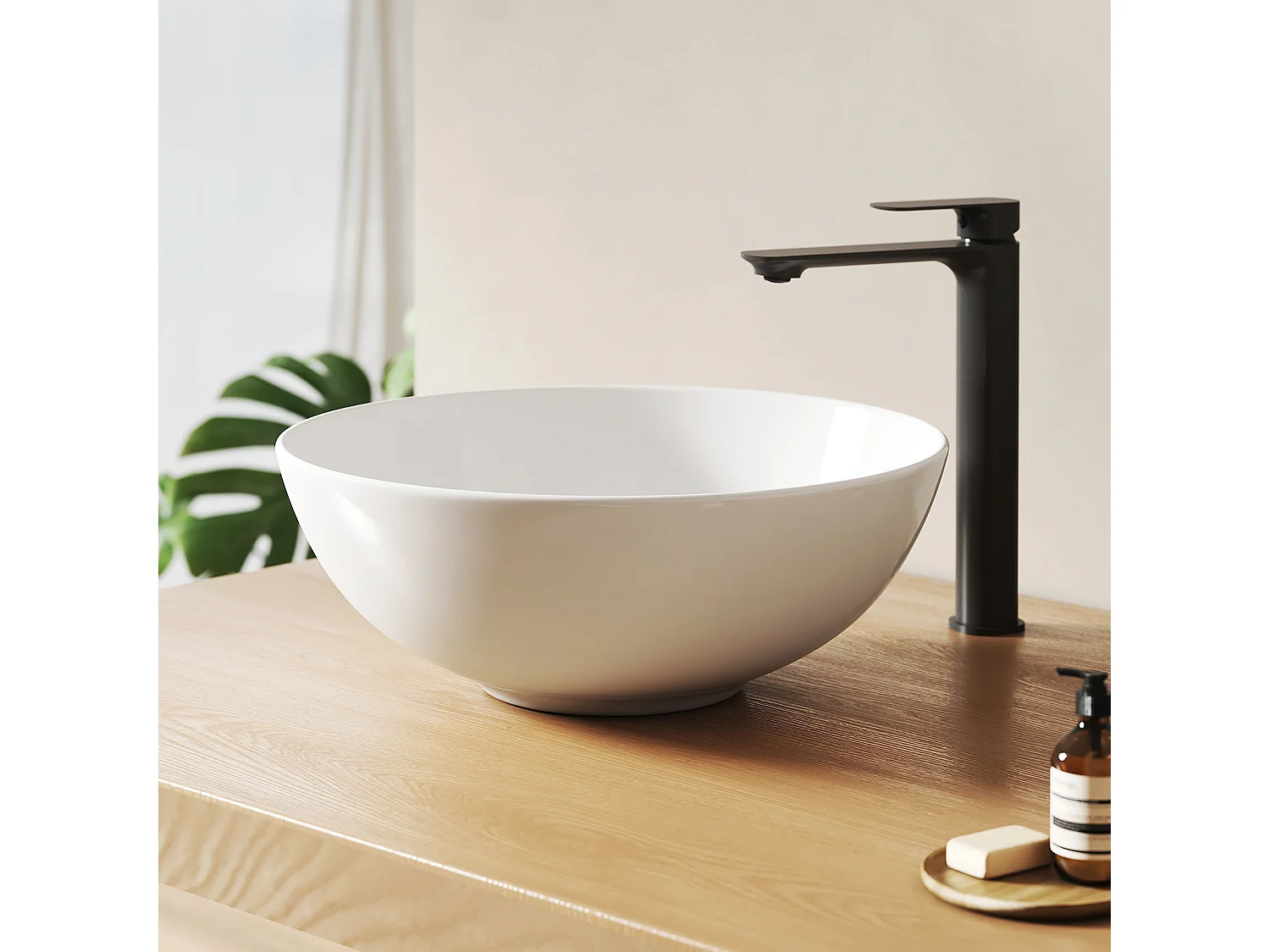 EMKE Witte keramische wastafel voor de badkamer, rond 415x415x155 mm, voor op het aanrecht