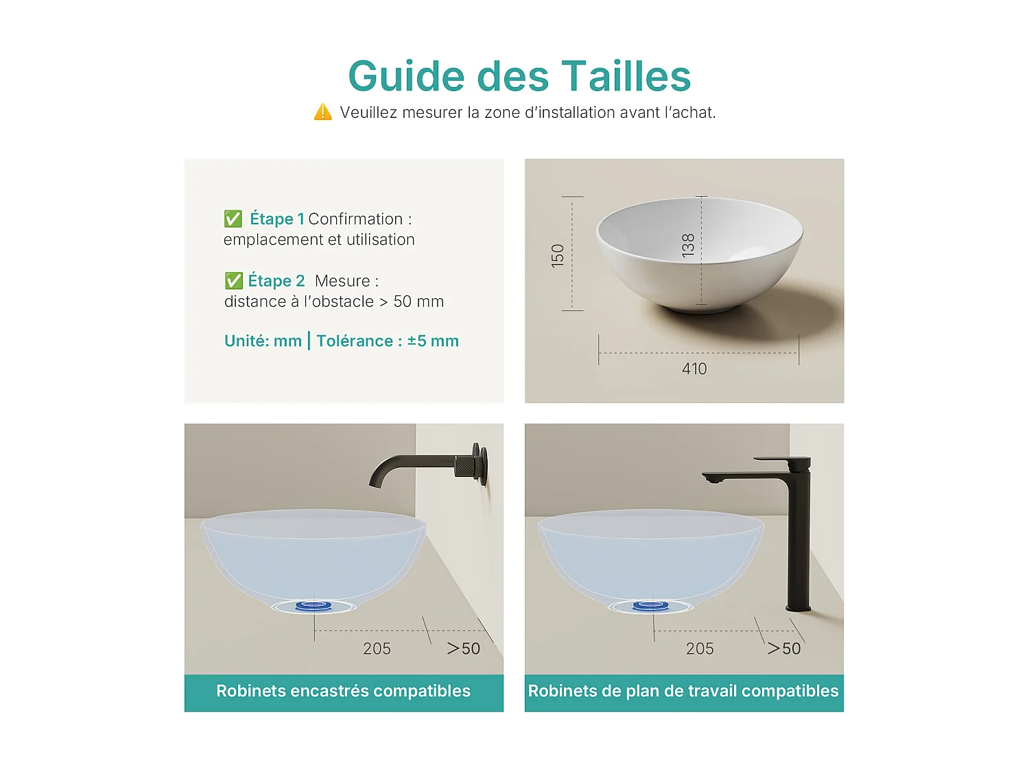 EMKE Witte keramische wastafel voor de badkamer, rond 415x415x155 mm, voor op het aanrecht
