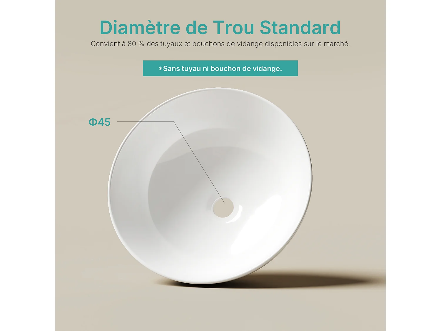 EMKE Witte keramische wastafel voor de badkamer, rond 415x415x155 mm, voor op het aanrecht