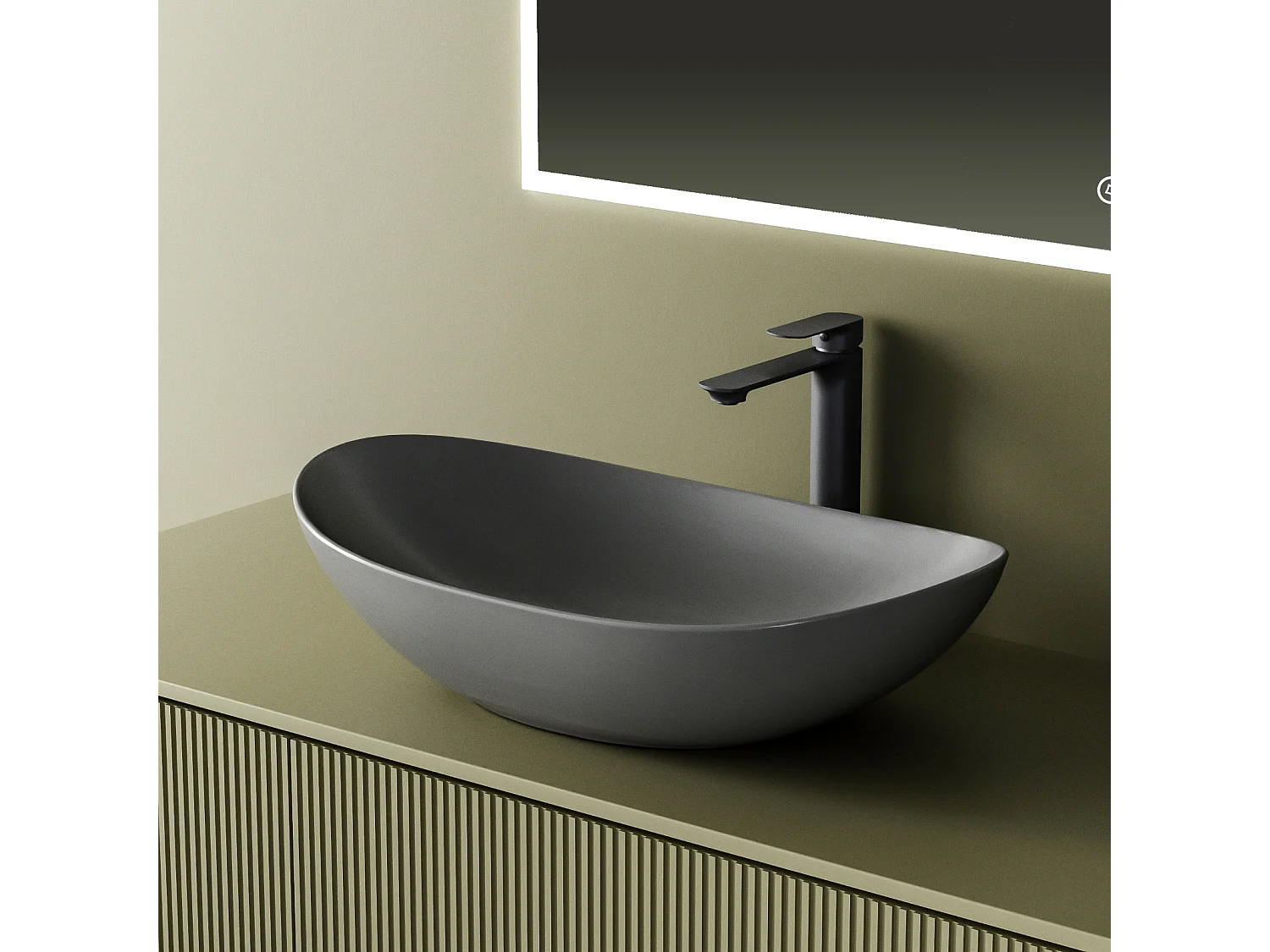 EMKE Aufsatzwaschbecken aus Keramik, 615 x 360 x 155 mm, oval, dunkelgrau