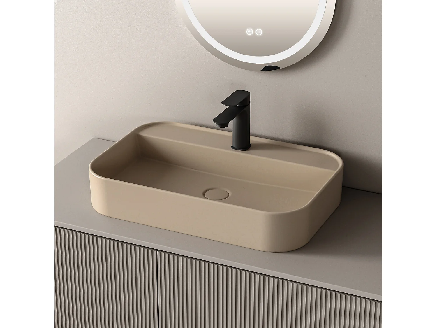 EMKE Vasque à Poser 40 x 60 x 11 cm, Lavabo Rectangulaire en Céramique pour Salle de Bain, Coins Arrondis R, Beige Mat
