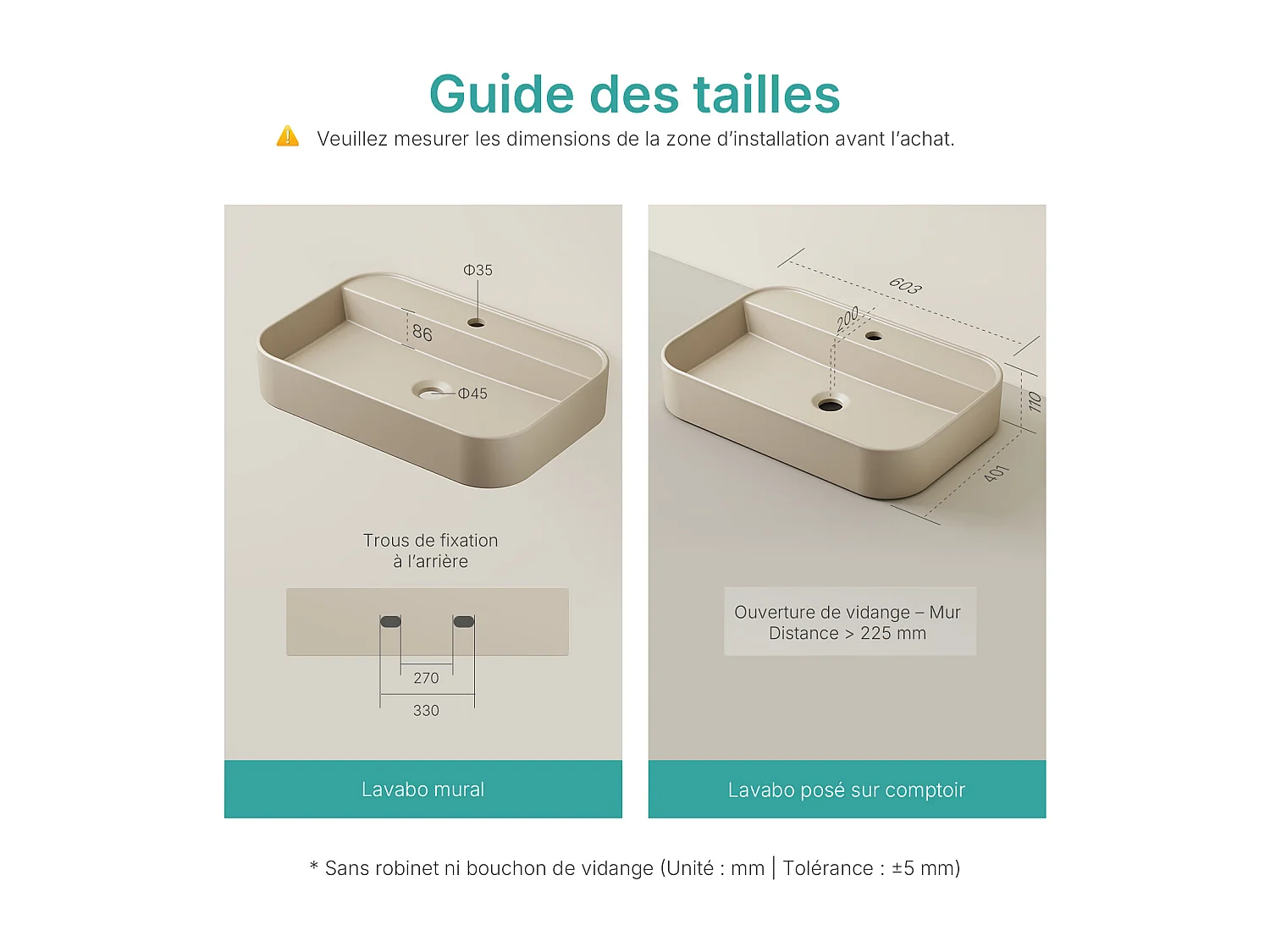 EMKE Vasque à Poser 40 x 60 x 11 cm, Lavabo Rectangulaire en Céramique pour Salle de Bain, Coins Arrondis R, Beige Mat