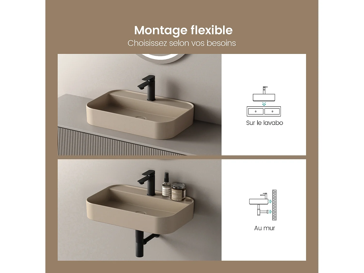 EMKE Vasque à Poser 40 x 60 x 11 cm, Lavabo Rectangulaire en Céramique pour Salle de Bain, Coins Arrondis R, Beige Mat