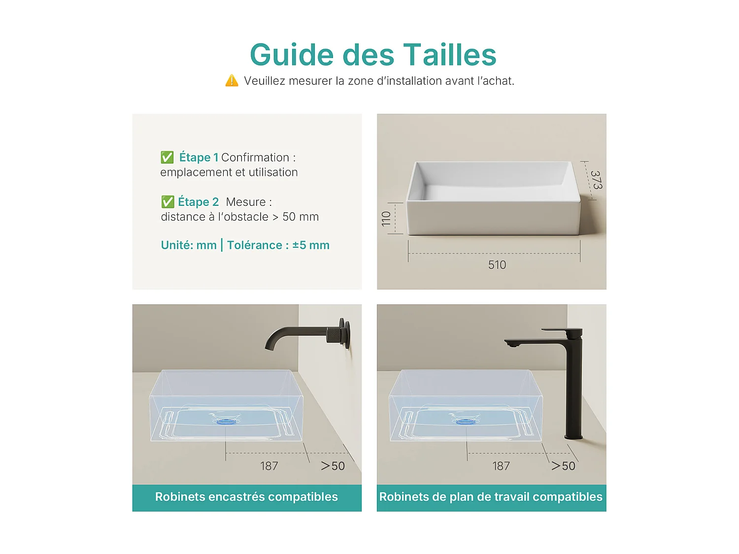 EMKE Witte keramische wastafel 510x370x110 mm, vierkante wastafel voor op het aanrecht