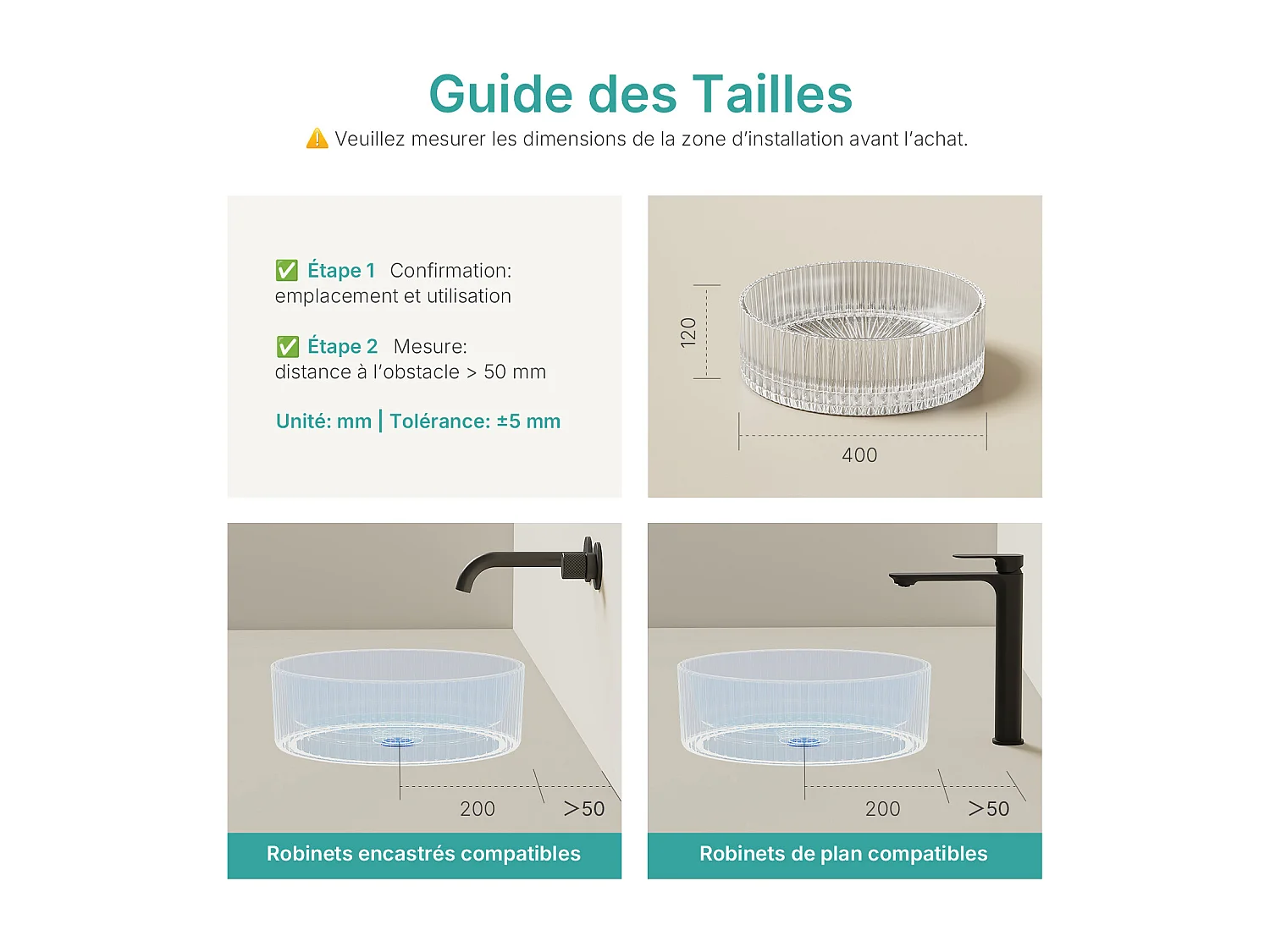 EMKE Lavabo en Verre Trempé Rond à Poser 400x400x120 mm, Vasque Salle de Bain, Transparent