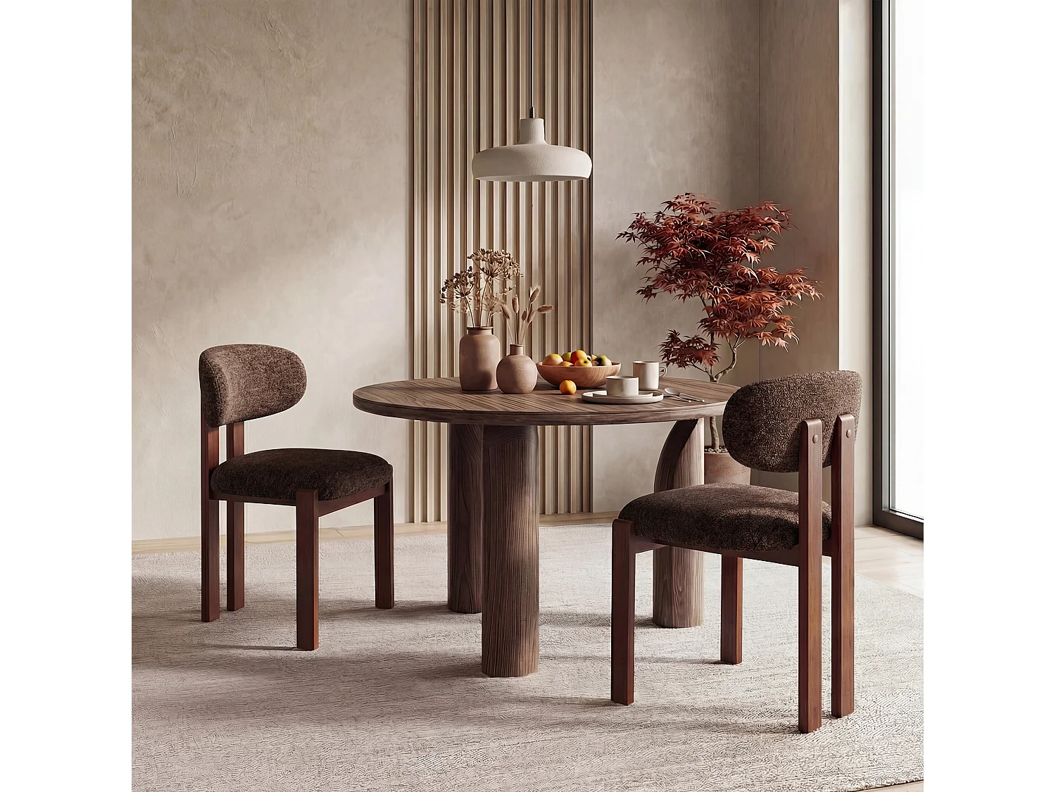 Lot de 2 chaises marron foncé SMARTUE, revêtement en tissu chenille, assise épaisse, dossier incurvé, pieds en bois d’hévéa