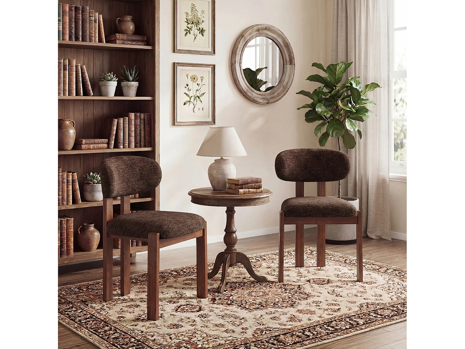 Lot de 2 chaises marron foncé SMARTUE, revêtement en tissu chenille, assise épaisse, dossier incurvé, pieds en bois d’hévéa