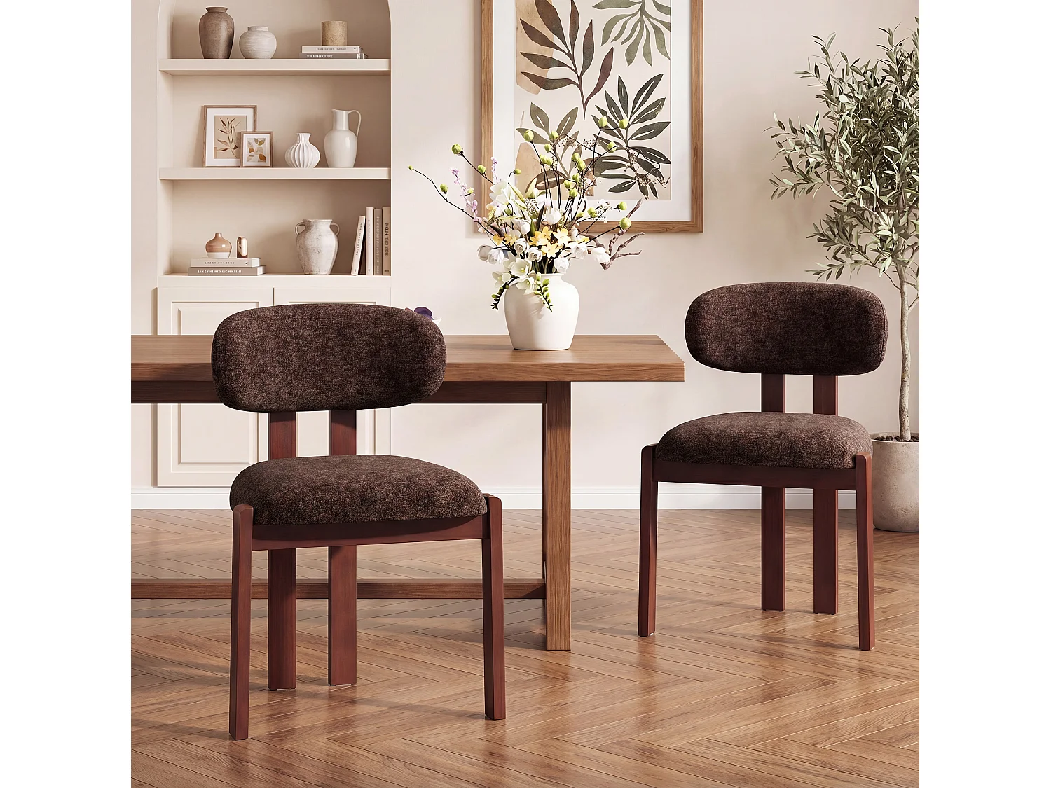 Lot de 2 chaises marron foncé SMARTUE, revêtement en tissu chenille, assise épaisse, dossier incurvé, pieds en bois d’hévéa