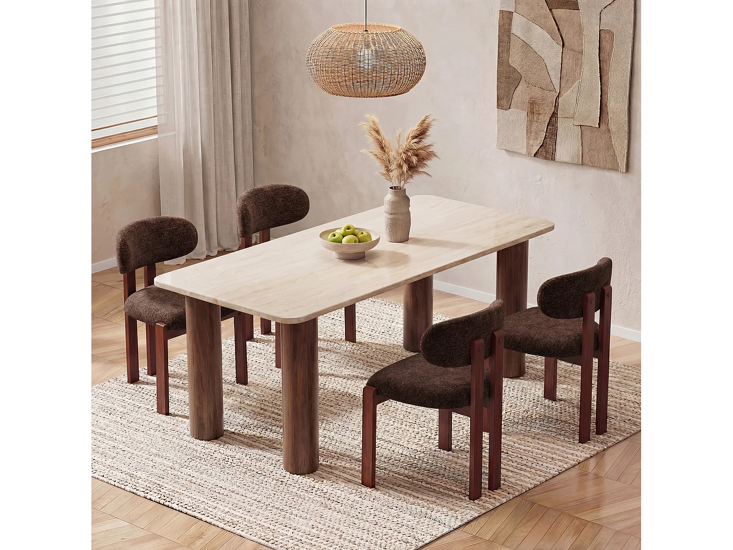 Lot de 2 chaises marron foncé SMARTUE, revêtement en tissu chenille, assise épaisse, dossier incurvé, pieds en bois d’hévéa